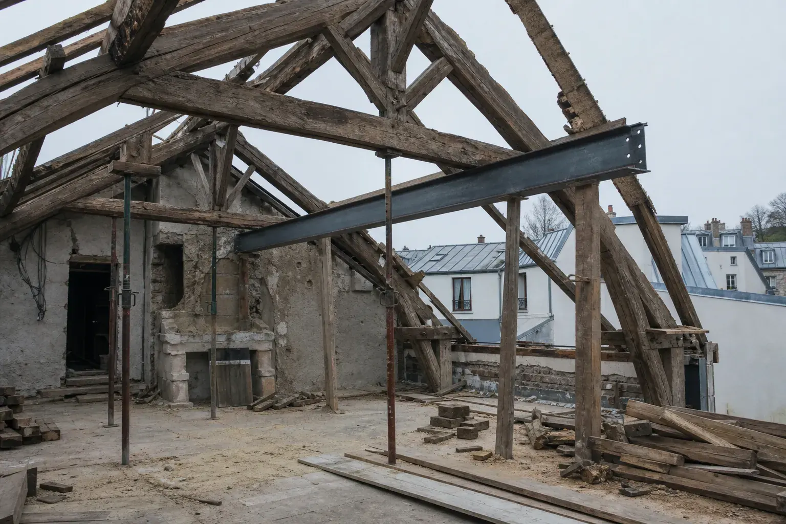 Charpente ancienne ouverte pendant les travaux, chevrons de chêne apparents et poutre acier neuve en cours de pose