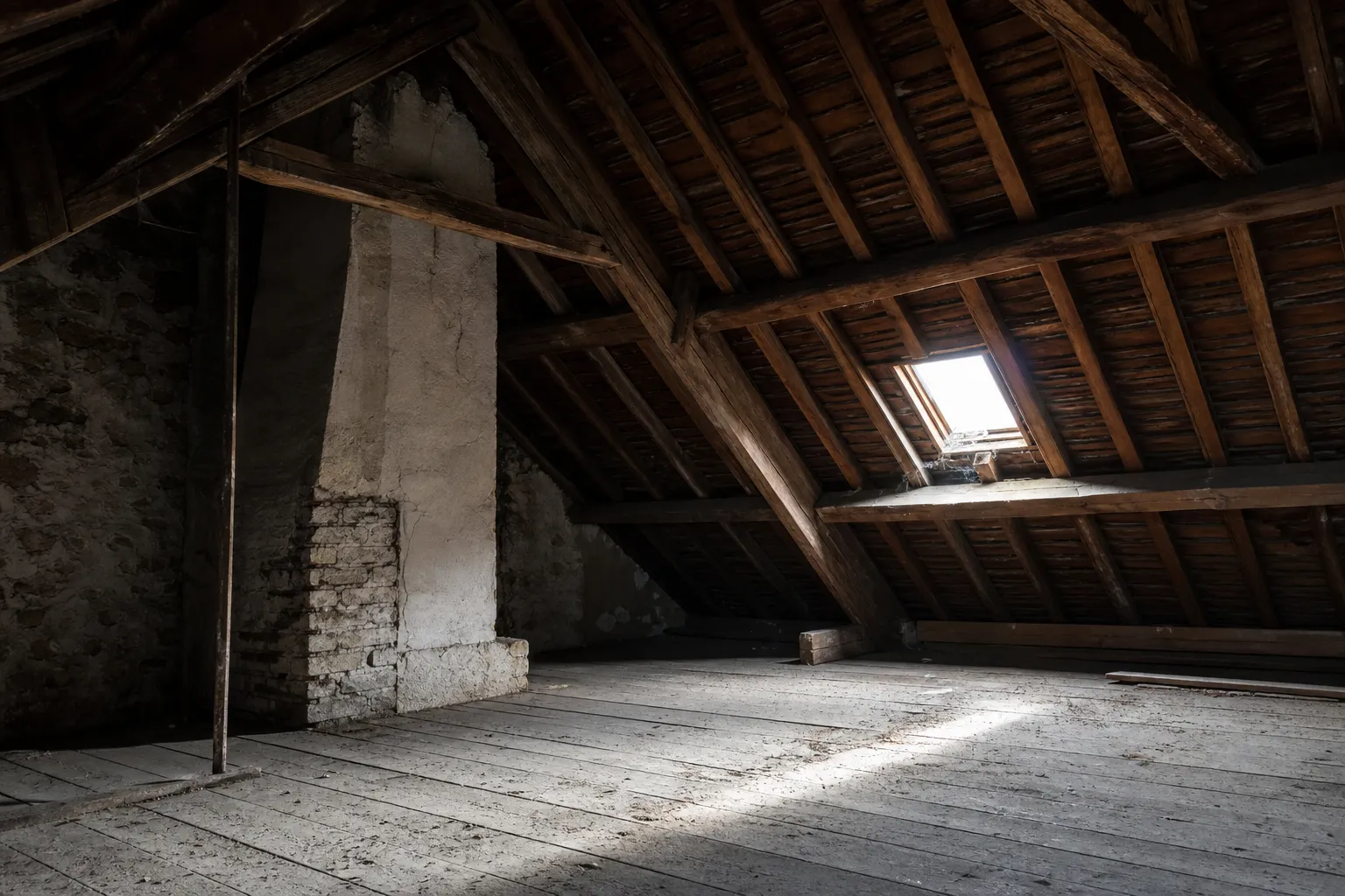 Comble non aménagé avant travaux, sous-face de couverture nue, souche de cheminée ancienne et larges lames de plancher