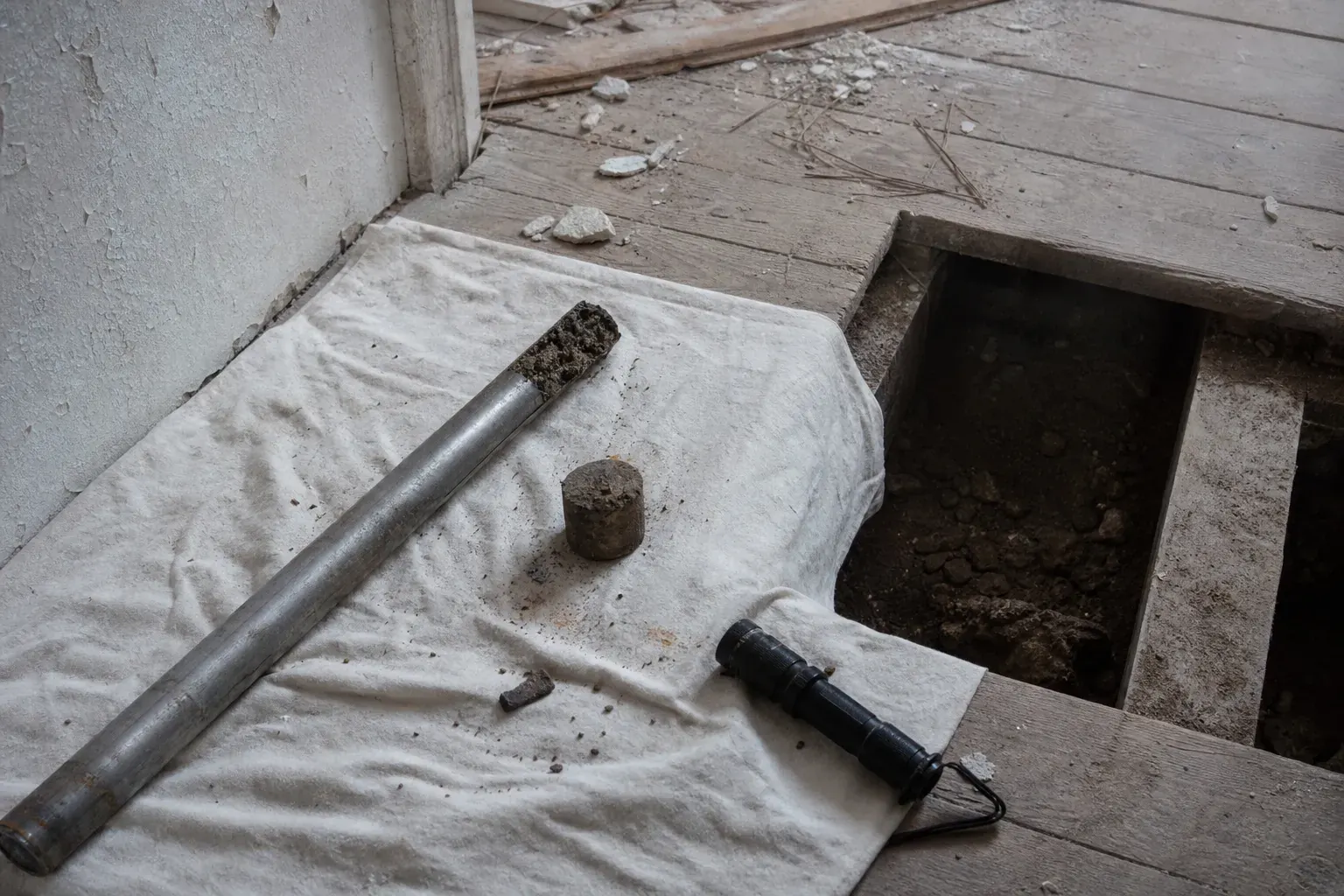 Carotte de sondage et sonde posées sur une bâche à côté d’un plancher ouvert dans un bâtiment ancien, lampe torche à côté