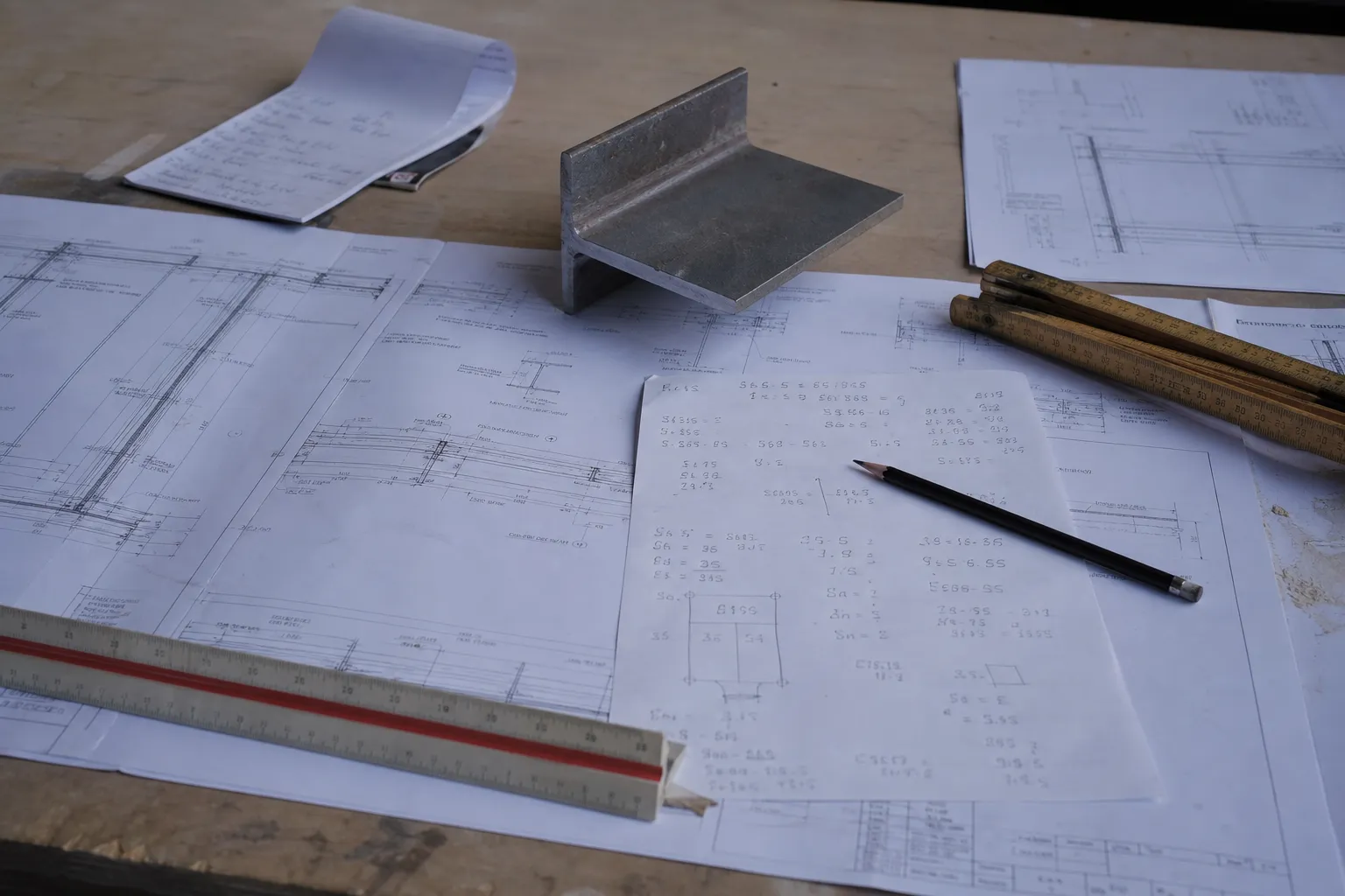 Plans de structure et note de calcul manuscrite étalés sur une table de chantier, réglet et chute de profilé acier posés dessus