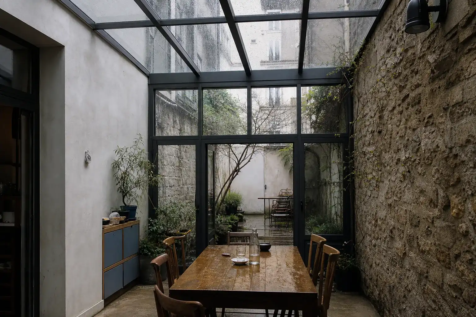 Extension vitrée à ossature acier fine construite au-dessus d’une petite cour parisienne fermée par deux murs mitoyens