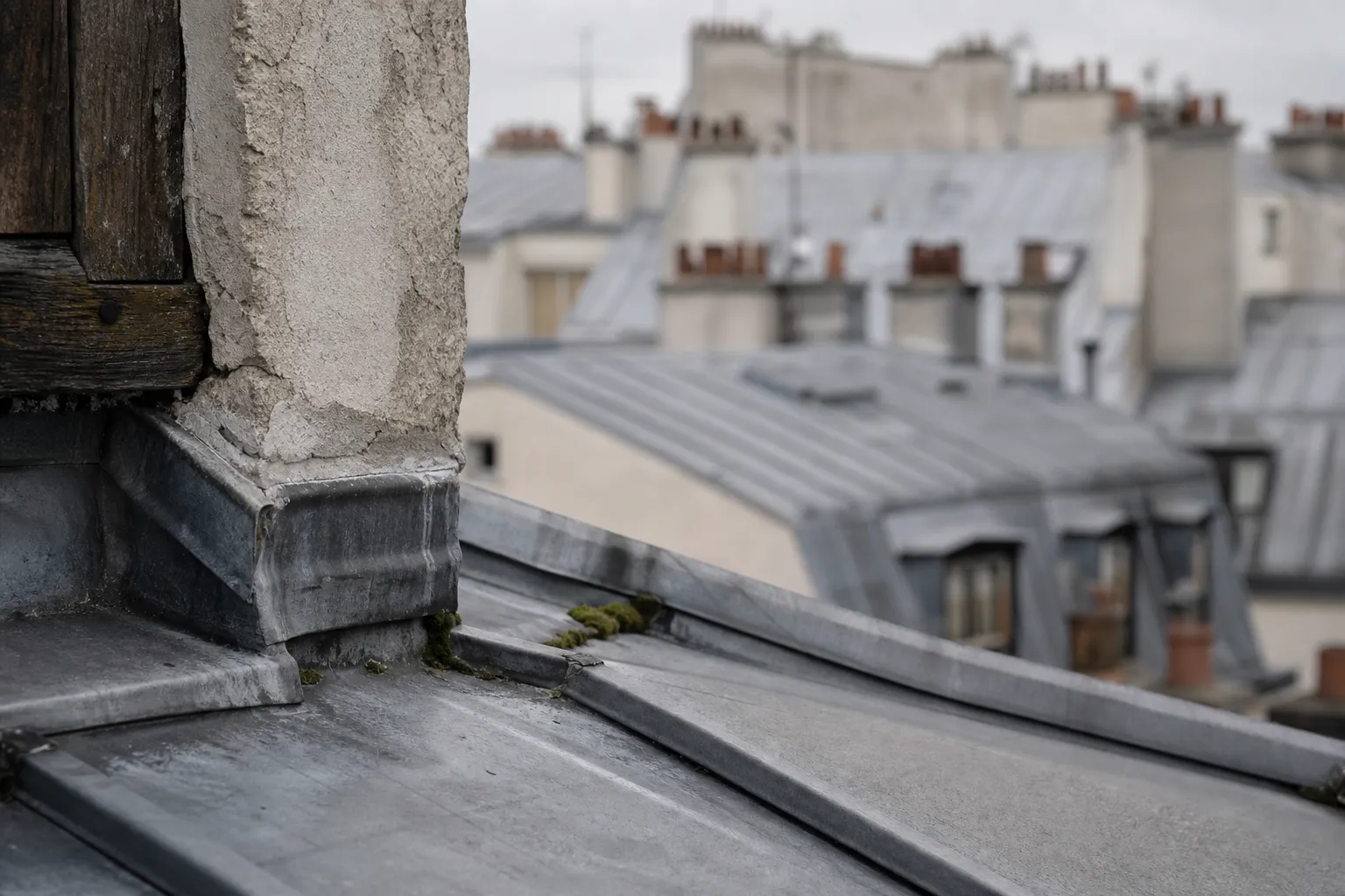 Toiture de zinc parisienne vue à mi-distance, joints debout, solin de plomb contre une souche et mousse dans une agrafe